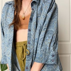Vintage Style Boho Button Down Craft and Barrow Hippie Geometric Design Teal